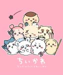  6+others :3 animal_ears blush_stickers can cat_ears chiikawa chiikawa_(character) closed_eyes commentary copyright_name everyone food furrowed_brow furuhonya_(chiikawa) hachiware_(chiikawa) highres holding holding_can holding_stick holding_weapon kuri_manjuu_(chiikawa) looking_at_viewer momonga_(chiikawa) multiple_others nagano_(grayparka) noodles official_art open_mouth outline pink_background polearm rabbit_ears rakko_(chiikawa) ramen sasumata scar scar_on_face scar_on_forehead shisa_(chiikawa) shooting_star simple_background smile squirrel_ears squirrel_tail stick tail untranslatable_commentary usagi_(chiikawa) weapon white_outline 