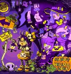  2boys 3girls :3 animal_ears axew blunt_bangs caitlin_(pokemon) cat_ears cat_girl cat_tail closed_mouth commentary_request eyelashes green_necktie grimsley_(pokemon) halloween hatsuru_826 highres holding holding_wand iris_(pokemon) lanturn leaf marshal_(pokemon) multiple_boys multiple_girls necktie open_mouth pantyhose paw_pose pokemon pokemon_(creature) pokemon_black_2_and_white_2 pokemon_black_and_white ponytail pumpkin_shorts purple_theme shauntal_(pokemon) short_hair sign skull stitched_face stitches striped_clothes striped_pantyhose tail vampire_costume wand witch yellow_eyes zombie_costume 