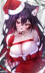  1girl animal_ear_fluff animal_ears armpit_crease artist_name bare_shoulders black_hair bow breasts cat_ears cat_girl chest_strap choker cleavage collarbone colored_inner_hair commentary commission corrupted_twitter_file crossed_bangs double-parted_bangs dress elbow_gloves english_commentary fangs fingerless_gloves fingernails fur-trimmed_dress fur-trimmed_gloves fur_trim gloves hair_ornament hairclip hand_up hat highres indie_virtual_youtuber ketyuiqu large_breasts long_hair looking_at_viewer multicolored_hair nail_polish open_mouth outdoors red_bow red_choker red_dress red_gloves red_hair red_nails santa_costume santa_dress santa_hat skin_fangs skull skull_choker skull_hair_ornament solo strapless strapless_dress suki_(vtuber) two-tone_hair very_long_hair virtual_youtuber x_hair_ornament 