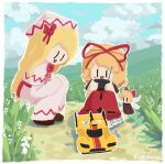  2girls :d black_shoes blonde_hair blush border bow capelet cloud cloudy_sky commentary controller day derbruhniko dress english_commentary fairy flower grass hair_bow hair_ribbon happy hat highres holding holding_controller holding_remote_control lily_of_the_valley lily_white long_hair long_sleeves looking_at_object medicine_melancholy medium_hair multiple_girls open_mouth outdoors red_bow red_shirt red_skirt remote_control remote_control_vehicle ribbon shirt shoes skirt sky smile squatting su-san touhou toy_car white_border white_capelet white_dress white_flower white_hat |_| 