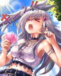  >_< 1girl belt black_belt brain_freeze commentary_request crop_top crown_hair_ornament food grey_hair hair_ornament highres hololive hololive_dev_is isaki_riona isaki_riona_(1st_costume) midriff multicolored_nails shaved_ice sun sweat tcdtcd461651 virtual_youtuber 