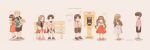  4boys 4girls artist_name artist_name_(singer) black_hair black_shorts blonde_hair blunt_bangs blush bob_cut bouquet brown_hair cat chibi coat commentary corded_phone dress english_commentary eunha_(gfriend) eye_contact full_body gerimisore gfriend hand_in_pocket hands_in_pockets heart holding holding_bouquet hoshi_(seventeen) jeonghan_(seventeen) jun_(seventeen) korean_text long_hair long_sleeves looking_at_another mingyu multiple_boys multiple_girls on_bench phone pink_shirt puffy_short_sleeves puffy_sleeves red_dress red_shoes seventeen_(group) shirt shoes short_hair short_sleeves shorts sidelocks sinb_(gfriend) sitting sleeping smile sneakers speech_bubble translation_request twintails yerin_(gfriend) yuju_(gfriend) 