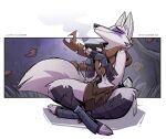 2026 alopex anthro arctic_fox biped black_nose blue_markings bottomwear bowl canid canine cheek_tuft claws clothing container crop_top crossed_legs digitigrade eyebrows eyes_closed facial_markings facial_tuft female fluffy fluffy_tail fox fur hand_wraps head_markings hi_res holding_bowl holding_container holding_object kama_(weapon) leg_wraps loincloth luckyonn mammal markings mask_(marking) melee_weapon shirt sitting solo tail teenage_mutant_ninja_turtles topwear true_fox tuft weapon white_body white_fur wraps