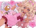  1girl animal_ears bag bandaid bandaid_on_arm bandaid_on_leg bandaid_on_thigh bell blonde_hair blue_eyes blue_nails blush bow bowtie breast_bondage breasts carrot_hair_ornament character_doll choker cleavage commentary_request commission doll dot_nose double_v elbow_carry fingernails floppy_ears flower fluffy_hair food-themed_hair_ornament freckles ganguro gradient_hair gyaru hair_bow hair_intakes hair_ornament hand_up handbag hello_kitty hello_kitty_(character) hibiscus high_ponytail highres indie_virtual_youtuber kogal long_fingernails long_hair looking_at_viewer loose_bowtie moenaomii_(artist) mole mole_under_eye multicolored_hair neck_bell open_mouth pink_bow pink_hair pink_nails pink_sweater_vest pink_theme pleated_skirt ponytail rabbit_ears rabbit_girl rabbit_tail red_bow red_bowtie red_choker red_rope red_skirt rope sanrio scrunchie shibari shibari_under_clothes shibi_cottonbum sidelocks skirt sleeves_rolled_up smile solo star_(symbol) star_hair_ornament stealth_bondage sweater_vest tail too_many_hair_ornaments v very_long_fingernails virtual_youtuber white_bag white_scrunchie wrist_scrunchie x_hair_ornament 