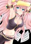  armpits bad_id bad_pixiv_id beamed_eighth_notes beamed_sixteenth_notes belt blue_eyes breasts cleavage eighth_note half_note large_breasts long_hair megurine_luka midriff musical_note pikuseru pink_hair sheet_music solo very_long_hair vocaloid 