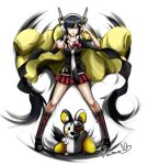  1girl badge badge_(pokemon) black_boots black_hair black_shirt blue_eyes bolt_badge boots bow character_hair_ornament coat coat_on_shoulders collarbone commentary_request cosplay danganronpa:_trigger_happy_havoc danganronpa_(series) elesa_(pokemon) emolga enoshima_junko enoshima_junko_(cosplay) fingernails full_body hair_ornament hatsuru_826 headphones index_finger_raised komatsuzaki_rui_(style) legs_apart long_hair monokuma nail_polish necktie open_mouth parody parted_lips poke_ball poke_ball_(basic) poke_ball_symbol pokemon pokemon_(creature) pokemon_black_2_and_white_2 red_bow red_nails red_skirt sharp_teeth shirt signature simple_background skirt smile standing teeth trait_connection twintails two-tone_necktie upper_teeth_only white_background yellow_coat 