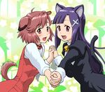  animal_ears aoba_tsugumi bell brown_hair cat_ears cat_tail collar dog_ears dog_tail holding_hands kannagi long_hair multiple_girls purple_hair red_eyes short_hair symmetrical_hand_pose tail ueyama_michirou zange 