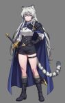  1girl animal_ears animal_print armor black_eyes black_gloves black_shorts blue_cloak blue_eyes blue_sky braid breasts cloak commentary_request gloves gold_trim highres korean_commentary large_breasts long_hair looking_at_viewer mr_tangsuyuk multicolored_hair pauldrons shirt short_shorts shorts shoulder_armor single_braid single_pauldron sky smile solo striped_tail sword tail thigh_strap tig_(hero)_(trickcal) tig_(trickcal) tiger_ears tiger_girl tiger_print tiger_tail trickcal weapon white_hair white_shirt white_tiger_print 