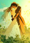  1boy 1girl aerith_gainsborough arms_around_neck bare_shoulders black_gloves black_hair black_jacket black_pants blue_sky bridal_veil bride brown_hair closed_eyes cloud cloudy_sky couple crisis_core:_final_fantasy_vii dress english_commentary facing_another falling_petals final_fantasy final_fantasy_vii final_fantasy_vii_remake from_side gloves groom hair_up hand_on_another's_back hand_on_another's_hip happy height_difference hetero highres hug jacket long_hair long_sleeves lumiaeria nature open_mouth outdoors pants parted_lips petals profile short_hair sky smile spiked_hair veil wedding_dress white_dress yellow_petals zack_fair 