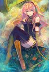  ame_yamori bad_id bad_pixiv_id bare_shoulders blue_eyes boots cross-laced_footwear crossed_legs faux_traditional_media headset knee_boots lace-up_boots long_hair megurine_luka pink_hair sitting solo thighhighs vocaloid 
