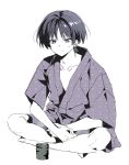  1boy alternate_costume barefoot black_hair bright_pupils cherry_(sp_gkdla) closed_mouth collarbone colored_skin commentary_request cup egasumi eyeliner full_body genshin_impact grey_eyes highres indian_style japanese_clothes kimono korean_commentary looking_at_object makeup male_focus purple_kimono purple_sleeves red_eyeliner scaramouche_(genshin_impact) seigaiha short_sleeves sitting solo split_mouth sweatdrop tsurime white_background white_pupils white_skin wispy_bangs wolf_cut yunomi 