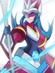  1girl assault_visor blue_hair closed_mouth commentary commission dress english_commentary hat highres holding holding_staff juliet_sleeves long_hair long_sleeves looking_at_viewer mega_man_(series) mega_man_star_force_(series) mega_man_star_force_3 puffy_sleeves queen_tia_(mega_man) queen_virgo_(mega_man) red_dress red_hat serious solo staff watermark white_background whiteabsol 