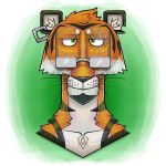 1:1 anthro black_nose black_stripes bust_portrait chest_tuft ear_piercing ear_ring eyewear felid front_view fur glasses green_eyes head_tuft hi_res hufnaar looking_at_viewer male male_anthro mammal mouth_closed orange_body orange_fur pantherine piercing portrait ring_piercing solo striped_body striped_fur stripes tiger tuft ulbrek whiskers white_body white_fur