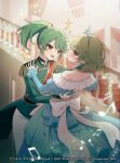  2026 2girls aqua_hair beamed_eighth_notes blue_dress chatsubaki chifuin_gyai closed_mouth commentary_request copyright_notice dancing dragon_musume_ni_naritakunai! dress duel_masters earrings eighth_note epaulettes gold_trim green_hair green_jacket hair_ornament hand_on_another's_back hand_on_another's_shoulder indoors jacket jewelry mole mole_under_eye multicolored_hair multiple_girls musical_note nagareboshi_asche off-shoulder_dress off_shoulder official_art open_mouth orange_eyes pants prince quarter_note sparkle stairs teeth tiara upper_teeth_only white_pants yellow_eyes 