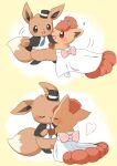  back_bow black_hat black_jacket blue_necktie blush bow closed_eyes clothed_pokemon collared_shirt commentary commission commissioner_upload dancing dress dress_bow eevee english_commentary furry furry_male furry_with_furry happy hat heart highres jacket kana_(maple926) kiss long_sleeves looking_at_another musical_note necktie open_clothes open_jacket open_mouth pink_bow pokemon pokemon_(creature) pokemon_focus shirt shoes skeb_commission smile top_hat vulpix waltz_(dance) wedding_dress white_dress white_shirt 