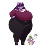 1:1 2026 anthro artist_name big_breasts black_bottomwear black_clothing black_footwear black_high_heels black_jeans black_pants bottomwear breasts clothing countershade_torso countershading denim denim_bottomwear denim_clothing directional_arrow dragon duo equid equine extreme_size_difference eyelashes eyewear female footwear friendship_is_magic glasses green_eyes hair hand_on_hip hasbro hi_res high_heels highlights_(coloring) horn huge_breasts huge_hips huge_thighs jeans male mammal my_little_pony mythological_creature mythological_equine mythological_scalie mythology pants purple_body purple_clothing purple_eyes purple_hair purple_highlights purple_sweater purple_topwear round_glasses scalie shirt shoes simple_background size_difference spanish_text spike_(mlp) srnava015 sweater tail text thick_thighs topwear translated twilight_sparkle_(mlp) unicorn white_background white_clothing white_shirt white_topwear wide_hips
