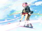  blush bow closed_eyes cloud flying game_cg happy hug light open_mouth panties pink_hair rainbow sky smile socks solo_focus spica staff sumaga tsuji_santa unconventional_broom underwear upskirt 