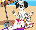 101_dalmatian_street 101_dalmatians 2026 6:5 abs akira_tasuki_(xxghostwolf1988xx) anthro beach beach_towel big_butt bikini bikini_bottom black_ears blue_eyes blush blush_lines bodypaint bottomwear breasts butt canid canine canis chest_tuft clothing da_vinci_(101_dalmatians) dalmatian detailed_background dipstick_tail disney domestic_dog duo facial_scar fan_character female female_anthro fur head_tuft heart_symbol hi_res hybrid jewelry looking_at_another male male_anthro mammal markings muscular muscular_male necklace painted_butt sand_castle scar sculpture seductive shaded shaking_butt slightlyarousedguy spots spotted_body sunscreen swimming_trunks swimwear tail tail_markings towel tuft two-piece_swimsuit umbrella water white_body white_fur yellow_eyes