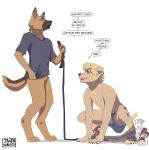 4_toes 5_fingers absurd_res anthro barking blue_clothing blue_shirt blue_topwear blue_underwear bottomwear bottomwear_down brown_body brown_face brown_fur brown_tail canid canine canis clothed clothing collar condescending crouching demi_transformation dialogue digitigrade domestic_dog duo english_text feces feet fingers footwear fur german_shepherd grey_bottomwear grey_clothing grey_pants hands_on_ground herding_dog hi_res human human_to_anthro jager-darklite leash leashed_collar looking_down looking_down_at_another looking_pleasured male male_anthro male_human mammal mid_transformation onomatopoeia orange_body orange_eyes orange_fur orange_tail pants pants_around_ankles pants_down pantsless pantsless_anthro partially_clothed pastoral_dog plantigrade pointy_ears pooping red_clothing red_collar red_footwear red_shoes role_reversal role_swap shirt shirtless shirtless_human shirtless_male shoes simple_background soiling soiling_underwear sound_effects species_transformation speech_bubble standing tail tan_body tan_fur tan_skin tan_tail text toes topwear transformation underwear watermark wearing_shirt wearing_underwear white_background white_sclera