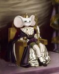 2026 anthro big_ears biped bottomwear cape chair clothed clothed_anthro clothed_male clothing cravat crown digital_drawing_(artwork) digital_media_(artwork) digital_painting_(artwork) footwear fully_clothed fully_clothed_anthro fully_clothed_male fur furniture gloves grey_eyes half-closed_eyes handwear headgear hi_res hollow_eyes little_king_john loafers looking_at_viewer male male_anthro mammal monotone_body monotone_fur mouse murid murine narrowed_eyes on_chair painting_(artwork) plantigrade ratboy_genius_(series) rodent round_ears royalty shaded shorts sitting sitting_on_chair sitting_on_throne slim slim_anthro slim_male socks soft_shading solo staff three-quarter_view throne twitter_handle wattetete white_body white_clothing white_fur white_gloves white_handwear