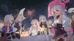  1boy 2024 4girls :d aerial_fireworks ahoge basket belt bird black_cape black_gloves black_hat black_jack_(witch_springs) black_robe black_skirt black_thighhighs blue_capelet blue_eyes blue_hat blue_robe breasts bufeiyue butter_knife cake cake_slice candle candlestand cape capelet chair cloud collared_cape commentary_request cowboy_shot crossed_arms cup dark-skinned_female dark-skinned_male dark_skin doll doll_on_head dress eileen_(witch_springs) eirudy elbow_gloves facial_mark failur_(witch_springs) fireworks food fur-trimmed_robe fur_trim gloves hair_between_eyes hat high-waist_skirt highres holding holding_basket holding_knife knife long_hair long_sleeves looking_at_viewer lukas_(witch_springs) luna_(witch_springs) medium_breasts multiple_girls new_year night open_mouth outdoors parted_lips pieberry_(witch_springs) pink_cape pink_eyes pleated_skirt puffy_long_sleeves puffy_sleeves red_belt red_eyes robe sailor_collar sitting skirt sky sleeveless sleeveless_dress sleeves_past_fingers sleeves_past_wrists smile standing star_(sky) starry_sky strawberry_shortcake table teacup teeth thighhighs turtleneck turtleneck_dress two-sided_cape two-sided_fabric upper_teeth_only very_long_hair white_dress white_hair witch_hat witch_springs wooden_chair yellow_sailor_collar 