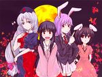  animal_ears black_hair blue_eyes blush bow bunny_ears hat houraisan_kaguya inaba_tewi long_hair makoto_jon moon multiple_girls purple_hair red_eyes reisen_udongein_inaba ribbon short_hair silver_hair touhou yagokoro_eirin 