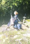  1girl absurdres ahoge armor armored_dress artoria_pendragon_(fate) barefoot blonde_hair blue_ribbon braid braided_base braided_bun bun_with_braided_base commentary_request day dress fate/grand_order fate_(series) gauntlets green_eyes hair_bun hair_ribbon highres mogamigawa_(mwft8758) outdoors ribbon saber_(fate) single_gauntlet sitting solo sword weapon 