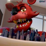 1:1 2026 3d_(artwork) accessory animatronic anthro artist_logo blender_(artwork) blender_cycles_(artwork) canid canine city city_skyline cityscape clothing colored day desk digital_media_(artwork) eye_patch eyewear feet five_nights_at_freddy's fox foxy_(fnaf) frooberx fur furniture genitals gold_(metal) gold_tooth happy headgear headwear inside jewelry lamp light logo looking_at_another machine macro macro_male male mammal new_york_city red_body red_fur robot scottgames shrunk shrunken shrunken_city size_difference sky solo store sunlight table teeth tongue tray window