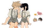  >_< 2girls ahoge arm_support bare_legs black_hair blonde_hair blush braid buttons chibi chibi_inset chinese_text closed_mouth collared_shirt colored_speech_bubble couple crossed_bangs dated diagonal-striped_clothes diagonal-striped_necktie dot_mouth dot_nose double-parted_bangs dress_shirt english_text eye_contact facing_another feet_out_of_frame green_eyes grey_necktie grey_skirt hair_between_eyes hair_ornament hairclip hand_up highres holding holding_hands jellyfish_cut kiss kissing_hand knees_together_feet_apart long_hair long_sleeves looking_at_another loose_hair_strand minamip multiple_girls multiple_hairclips multiple_views necktie open_clothes open_mouth open_shirt original parallel_hairclips parted_bangs parted_lips partially_unbuttoned pleated_skirt profile red_eyes school_uniform shirt short_hair simple_background sitting skirt sleeve_cuffs smile sound_effects speech_bubble straight-on striped_clothes striped_necktie suspender_skirt suspenders suspenders_slip sweatdrop swept_bangs thick_eyebrows tongue tongue_out triangle_mouth turning_head unbuttoned unbuttoned_shirt white_background white_shirt yuri 