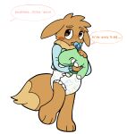 ageplay anthro anthrofied biped blue_clothing blue_pacifier blue_topwear brown_body brown_fur clean_diaper clothed clothing dialogue diaper digital_media_(artwork) dipstick_tail eevee english_text fur generation_1_pokemon hi_res infantilism male mammal markings muffin_(puppypamps) nintendo object_in_mouth pacifier pacifier_in_mouth plushie pokemon pokemon_(species) pokemorph puppypamps roleplay simple_background solo speech_bubble substitute_doll tail tail_markings text topwear wearing_diaper wetness_indicator white_background