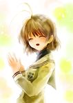  antenna_hair brown_hair clannad closed_eyes furukawa_nagisa hikarizaka_private_high_school_uniform komota school_uniform short_hair solo 