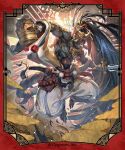  1boy beads black_hair cloud commentary_request company_name copyright_notice cup cygames dice fingernails full_body glowing glowing_eyes gold_mask highres holding holding_cup holding_sword holding_weapon horns kukishiro_(shadowverse) long_fingernails long_hair long_toenails male_focus masked muscular muscular_male official_art ofuda panties ponytail prayer_beads red_eyes red_nails robe shadowverse shadowverse:_worlds_beyond solo sword tail thigh_armor toenails topless_male underwear weapon wheat white_panties white_robe xui_ton yellow_robe 