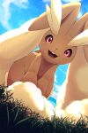 2026 2:3 all_fours ambiguous_anthro ambiguous_gender anthro big_ears black_sclera blue_sky brown_body brown_ears brown_fur brown_tail buckteeth cloud day dutch_angle floppy_ears fur generation_4_pokemon glistening glistening_eyes grass hi_res lagomorph light lighting looking_at_viewer looking_down looking_down_at_viewer lop_ears lopunny mammal multicolored_body multicolored_ears multicolored_fur nintendo nude nude_ambiguous nude_anthro open_mouth open_smile outside pink_eyes pink_inner_ear pink_nose pink_tongue plant pokemon pokemon_(species) pupils rumine shaded short_tail sky smile smiling_at_viewer snout solo sunlight tail tan_body tan_ears tan_fur teeth tongue two_tone_body two_tone_ears two_tone_fur wide_hips