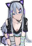  1girl a_dayo00 animal_ear_headphones animal_ears arm_warmers black_shirt blue_eyes blush breasts cat_ear_headphones cat_ears closed_mouth clothing_cutout commentary cross-laced_clothes cross-laced_cutout cross-laced_sleeves facial_mark fake_animal_ears grey_arm_warmers hair_between_eyes hair_ornament hairclip headphones heart heart_facial_mark heart_hair_ornament highres leg_warmers long_hair long_hair_between_eyes looking_at_viewer mismatched_arm_warmers negai_wa_itsuka_asa_wo_koete_(project_sekai) project_sekai purple_leg_warmers shirt shoulder_cutout sketch small_breasts solo striped_arm_warmers subcul_jirai untranslatable_commentary very_long_hair white_background white_hair yami_kawaii yoisaki_kanade 