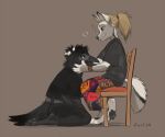 2026 anthro avian beak bird black_beak black_body black_clothing black_feathers black_nose black_pawpads blonde_hair blue_eyes canid canine canis chair claws clothed clothed_anthro clothed_female clothed_male clothing feathers female fully_clothed fully_clothed_anthro fully_clothed_female fully_clothed_male fur furniture grey_body grey_claws grey_fur grey_tail hair koul koul_fardreamer male mammal pawpads simple_background smile tail white_body white_fur wolf