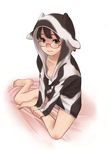  animal_print barefoot bed blush cow_print downblouse glasses hood hoodie luna2 no_bra original red-framed_eyewear sitting smile solo tag 