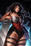  1girl absolute_dc absolute_wonder_woman absurdres arm_tattoo armor artist_name aylisnyan black_hair blue_eyes breasts circlet cleavage collarbone commentary cowboy_shot dc_comics english_commentary from_below groin highleg highleg_leotard highres huge_weapon leotard lightning lips long_hair looking_at_viewer patreon_username pauldrons shoulder_armor shoulder_tattoo single_bare_arm single_bare_shoulder single_pauldron solo star_(sky) superhero_costume sword tattoo thick_thighs thighs twitter_username very_long_hair wavy_hair weapon wide_hips wonder_woman wonder_woman_(absolute_dc) 