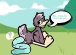 ambiguous_anthro ambiguous_gender ambiguous_pooping anatid animal_genitalia anseriform anthro artist_name avian beak bird black_outline blue_eyes blue_tongue brown_body brown_feathers butt cloaca cloud colored_feces dessert duck english_text feather_tuft feathers feces feces_on_ground feces_pile food genitals grass green_feces head_tuft ice_cream ice_cream_cone kamoto_vivi looking_back mint_chocolate_chip narrowed_eyes nude_ambiguous nude_anthro one_eye_closed open_beak open_mouth outline outside pictographics plant pooping pooping_on_floor scatplay sitting_on_grass sky solo speech_bubble tail tail_feathers talking_to_another text tongue tuft unusual_feces viveka_(kamoto_vivi) yellow_beak yellow_body