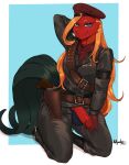 absurd_res anthro avian bandolier beak belt beret bird boots chicken clothed clothing cosplay elliot_(eaumilski) erection feathers footwear galliform genitals gun hair hand_behind_head hat headgear headwear hi_res kneeling konami long_hair male metal_gear metal_gear_solid_3 nyushi partially_clothed penis phasianid ranged_weapon shoes smile solo uniform unzipped weapon zipper