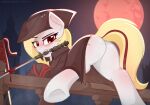 blood bloodborne bodily_fluids butt clothing equid equine fan_character female fence feral fromsoftware hair hasbro hat headgear headwear hi_res hooves horse looking_back mammal melee_weapon moon mouth_hold my_little_pony night parabellumpony pony raised_leg raised_tail rear_view red_moon solo sony_corporation sony_interactive_entertainment sword tail teeth weapon