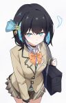  1girl :| aqua_sweater bag black_collar black_hair blazer blue_bow blue_eyes blue_hair blue_sweater bow bowtie breasts bright_pupils brown_jacket cat_choker closed_mouth collar colored_inner_hair commentary cowboy_shot double-parted_bangs from_above hair_bow hair_ornament holding holding_bag holding_strap jacket kumaniki_(kuma_6125) light_blush long_sleeves looking_at_viewer loose_bowtie medium_breasts medium_hair miyamai_moca multicolored_hair orange_bow orange_bowtie paw_hair_ornament raised_eyebrow school_bag school_uniform shirt simple_background skirt solo split_mouth sweater voicepeak white_background white_pupils white_shirt 