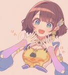  1girl :d aqua_eyes blush breasts brown_hair chinese_clothes cleavage commentary_request congeta derivative_work dress earrings excited flower_earrings hair_ornament highres jewelry medium_breasts mole mole_under_mouth motion_lines nijisanji qipao screenshot_redraw shiga_riko shiga_riko_(1st_costume) short_hair smile solo upper_body virtual_youtuber wing_hair_ornament 
