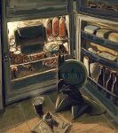 2026 appliance blush bodily_fluids bottle cake container cup dessert eating female food forehead_gem fridge gem generation_5_pokemon green_hair grey_body gyuragyura hair humanoid kitchen_appliance kneeling legendary_pokemon looking_at_viewer meloetta meloetta_(aria_form) mug nintendo pokemon pokemon_(species) solo sweat teal_eyes