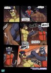 6_panel_comic abs angry anthro arm_grab armor blood blood_on_face blood_splatter blue_body blue_hair bodily_fluids bottomwear brown_body bruised bruised_eye clenched_teeth clothed clothing comic cougar crack_(sound_effect) cut_(wound) dialogue disarmed dragon duo english_text felid feline fight glint grey_clothing grey_hair grey_underwear hair hi_res holding_bat holding_knife holding_object knife male mammal multiple_scenes muscular muscular_anthro muscular_male mythological_creature mythological_scalie mythology nipples page_number pants pauldron pecs profanity red_armor scalie speech_bubble tail tail_tuft teeth text tuft underwear underwear_only url vju79 weapon_glint wingless_dragon wounded zudrec_(vju79)