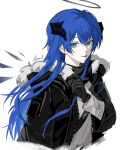 1girl :p absurdres annel arknights artist_name black_gloves black_halo black_jacket blue_eyes blue_hair blue_tongue closed_mouth colored_tongue commentary cropped_torso detached_wings fur_trim gloves hair_between_eyes halo highres jacket long_hair long_sleeves looking_at_viewer mostima_(arknights) signature simple_background solo tongue tongue_out traditional_halo white_background wings 