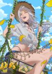  1girl absurdres ak-12_(girls'_frontline) black_choker blue_shorts blue_sky chain choker closed_eyes cloud commentary denim denim_shorts english_commentary flower girls'_frontline girls'_frontline_2:_exilium grey_hair hat highres koleda_(girls'_frontline_2) long_hair on_swing open_mouth petals shinoda_giri shirt shorts sky smile solo straw_hat sun_hat swing teeth tied_shirt upper_teeth_only white_shirt yellow_flower yellow_petals 