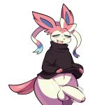 2026 5_fingers absurd_res anthro astonarts balls black_nose blue_body blue_fur blue_inner_ear blue_sclera blush blush_lines bodily_fluids bottomless bottomless_anthro bottomless_male bow_(anatomy) clothed clothing clothing_lift eeveelution erection femboy fingers foreskin fur generation_6_pokemon genitals hi_res humanoid_genitalia humanoid_penis male multicolored_body multicolored_fur narrowed_eyes navel nintendo open_mouth open_smile penis pink_body pink_ears pink_fur pink_tail pokemon pokemon_(species) ribbons_(anatomy) simple_background smile solo standing sweat sweater sweater_lift sweater_only sylveon tail thick_thighs topwear topwear_only tremble_lines white_background white_body white_fur wide_hips