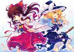  ahoge ascot blonde_hair braid brown_hair capelet detached_sleeves frills gohei hakurei_reimu hands hat kirisame_marisa long_hair multiple_girls ofuda red_eyes shinia side_braid smile star touhou wallpaper witch_hat yellow_eyes 