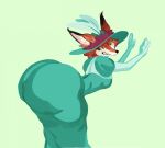 2026 adult_swim anthro armwear bared_teeth big_butt butt canid canine cartoon_network clothing dipstick_ears dress ear_markings elbow_gloves female fox fur gloves green_clothing green_dress green_eyes green_sclera handwear hat hat_feather headgear headwear hi_res huge_butt june_way loose_feather mammal markings mathc0re multicolored_ears orange_body orange_fur solo sun_hat teeth thick_thighs unicorn:_warriors_eternal