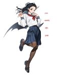  1girl blush demon_girl highres korean_text loafers long_hair long_sleeves looking_at_viewer low_wings neckerchief original pantyhose pleated_skirt red_neckerchief rinotuna sailor_collar school_uniform shirt shoes skirt solo translation_request white_background white_shirt wings 